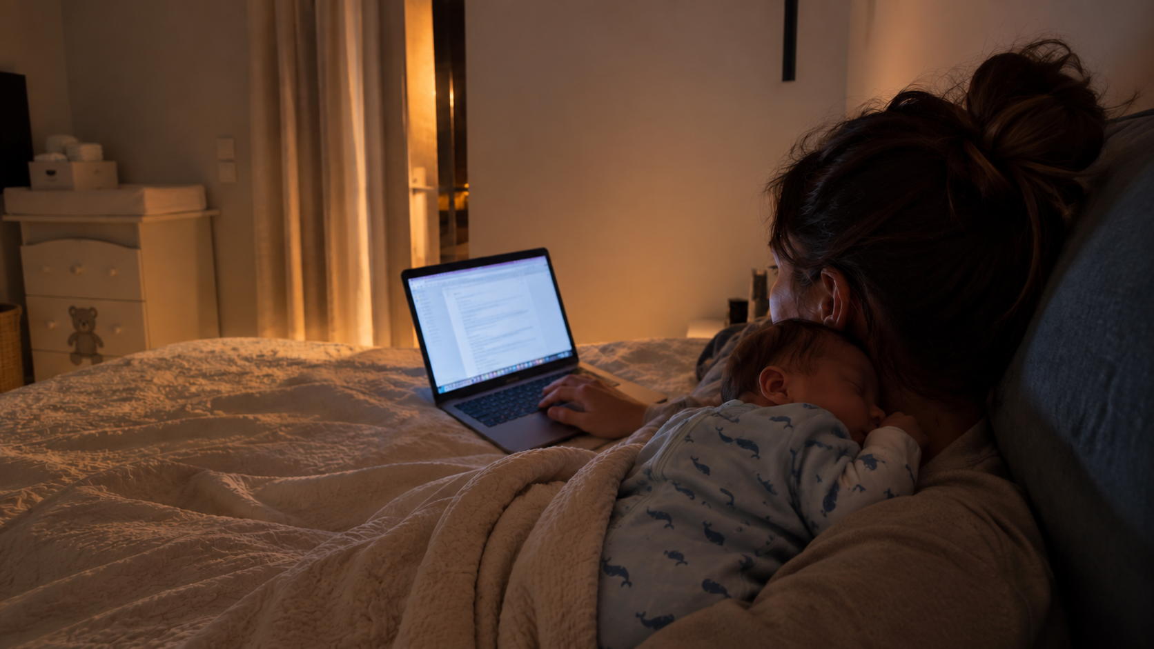 Mamma al computer di notte con il suo bambino addormentato sulla spalla
